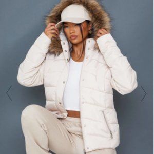 NWT Tan Faux Fur Hooded Puffer Jacket